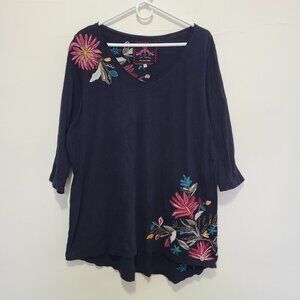 Johnny Was Black Embroidered Farley High Low V Neck Tunic Top 2X